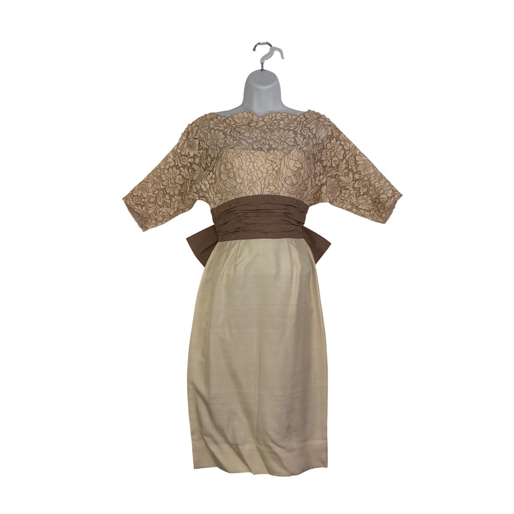 Nathan Strong Vintage 50s 60s Cream Lace‎ Bow Cocktail Wiggle Dress, 24" waist